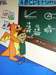 Math Doctor Dragon helping student at blackboard